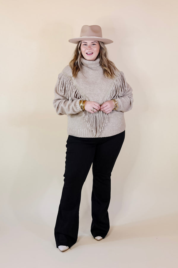 Snuggles And S'mores Turtle Neck Sweater with Fringe in Taupe