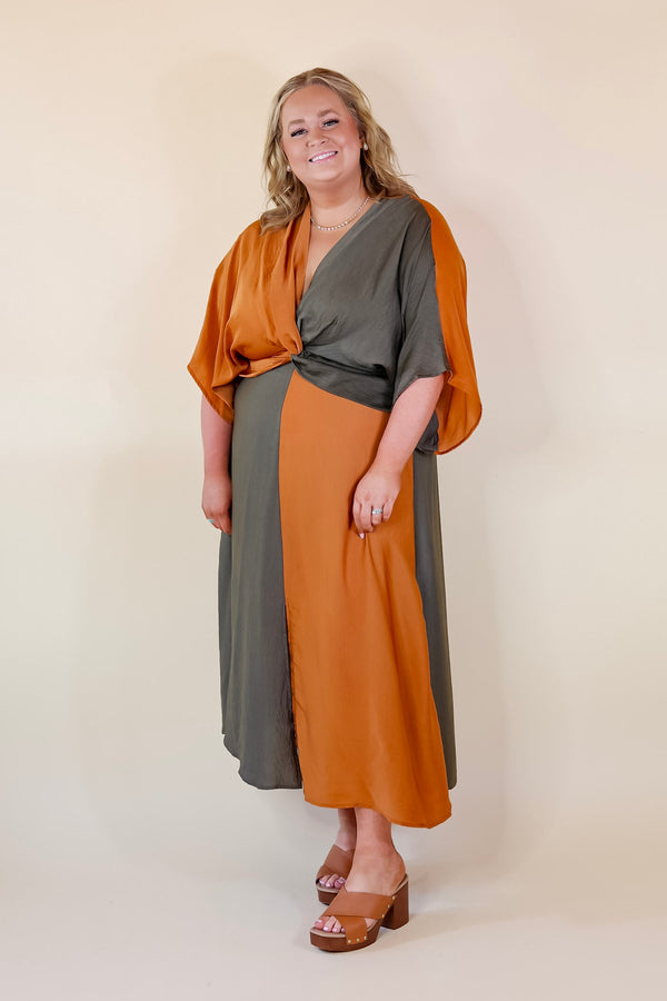 Take My Breath Away Front Knot Color Block Midi Dress in Bronze Mix