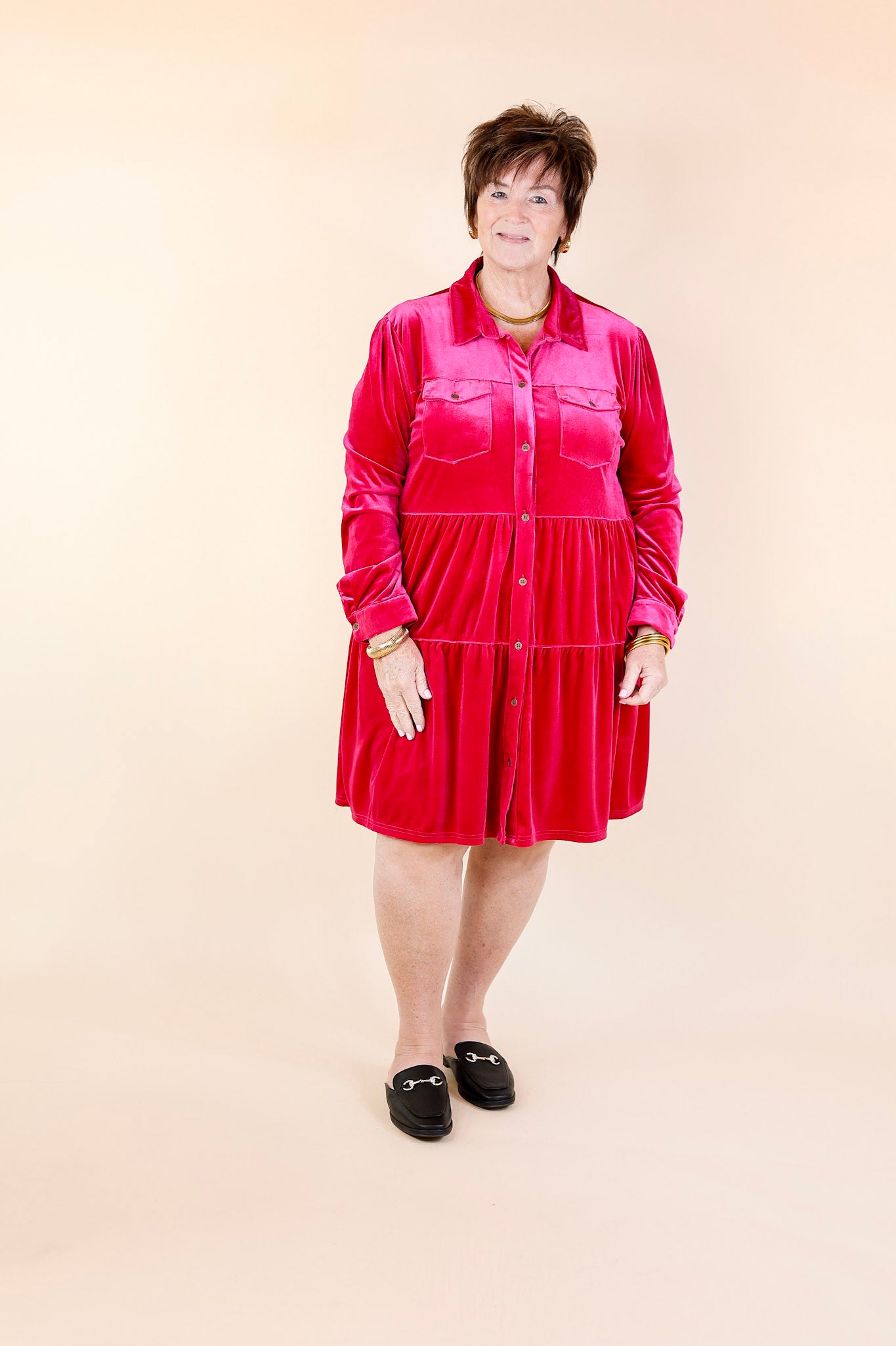 Grateful Gathering Velvet Button Up Dress with Long Sleeves in Raspberry Pink