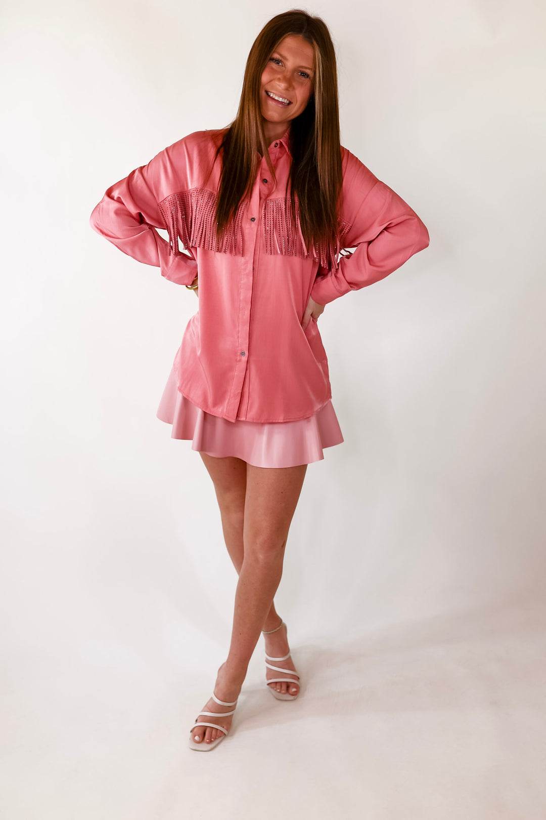 All That Shimmers Crystal Fringe Button Up Top with Long Sleeves in Coral Pink - Giddy Up Glamour Boutique