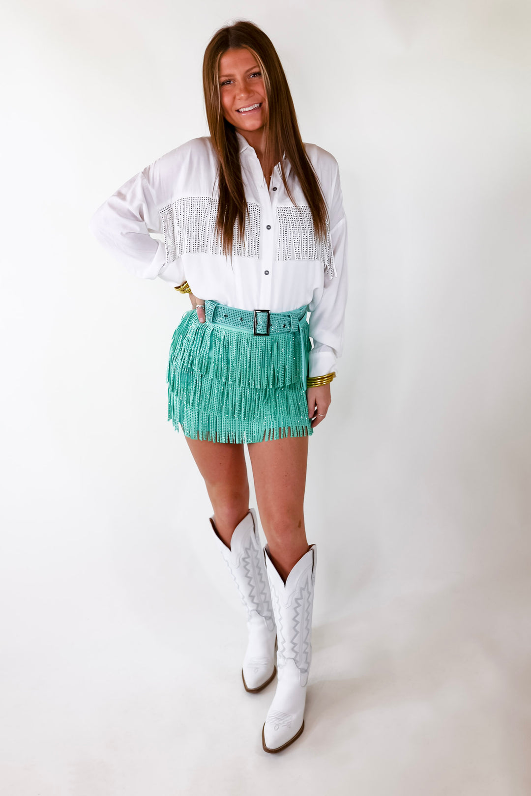 Cowboy Killer Crystal Fringe Mini Skort in Mint Green - Giddy Up Glamour Boutique