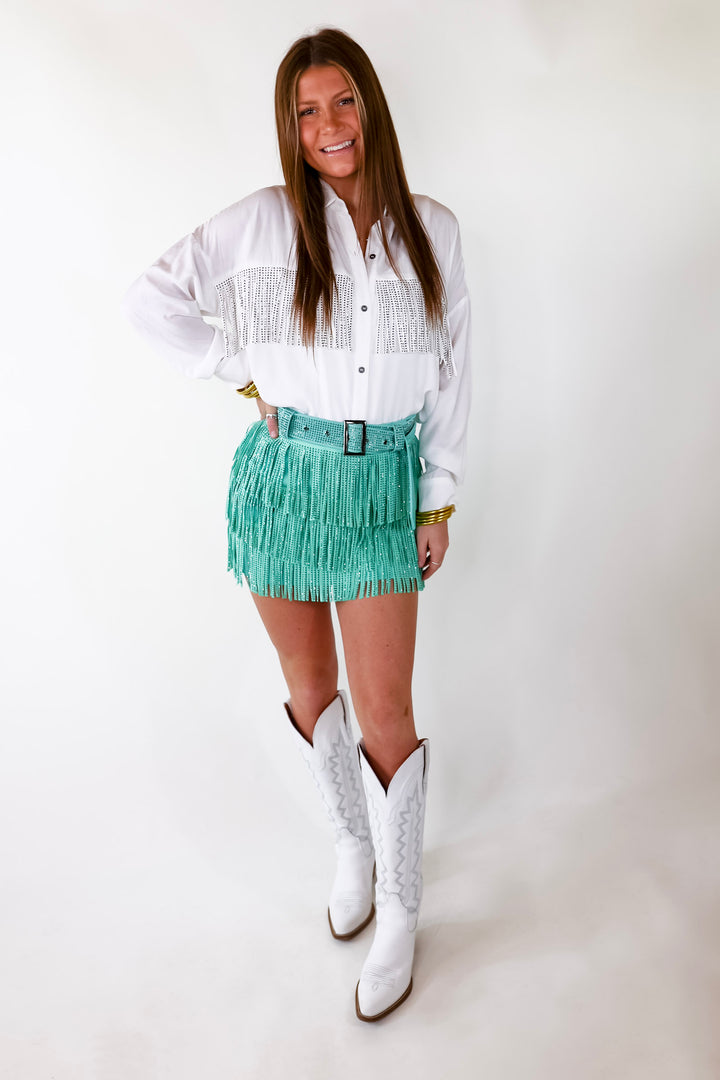 Cowboy Killer Crystal Fringe Mini Skort in Mint Green - Giddy Up Glamour Boutique