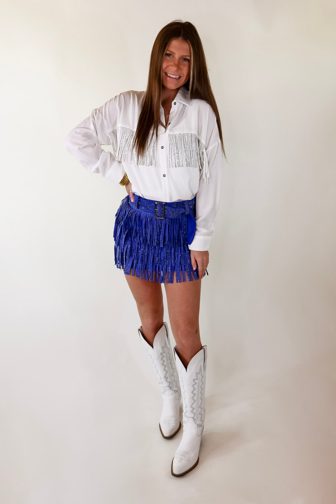 Cowboy Killer Crystal Fringe Mini Skort in Royal blue - Giddy Up Glamour Boutique