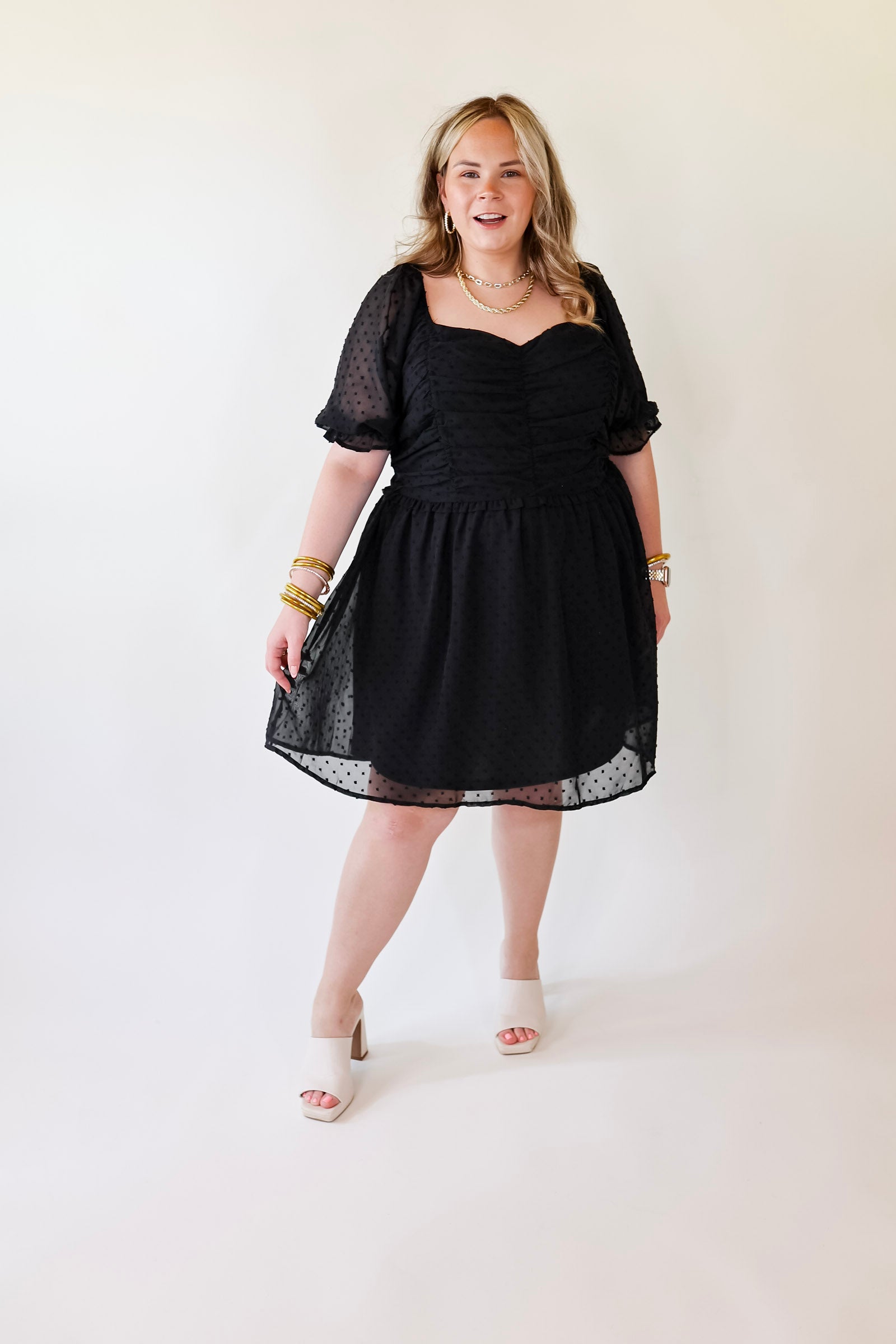 Favorite Adventure Swiss Dot Dress with Short Balloon Sleeves in Black - Giddy Up Glamour Boutique