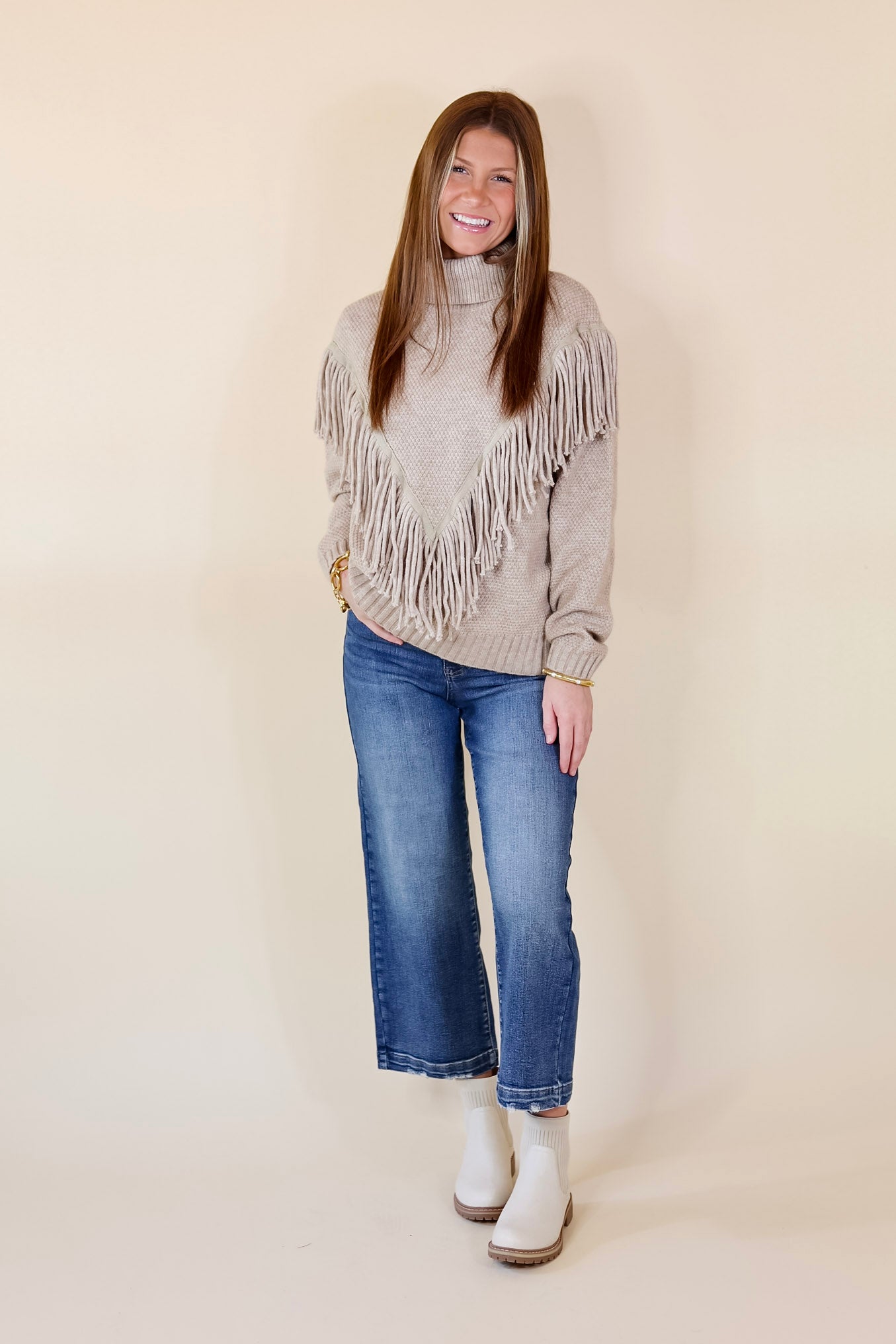 Snuggles And S'mores Turtle Neck Sweater with Fringe in Taupe - Giddy Up Glamour Boutique