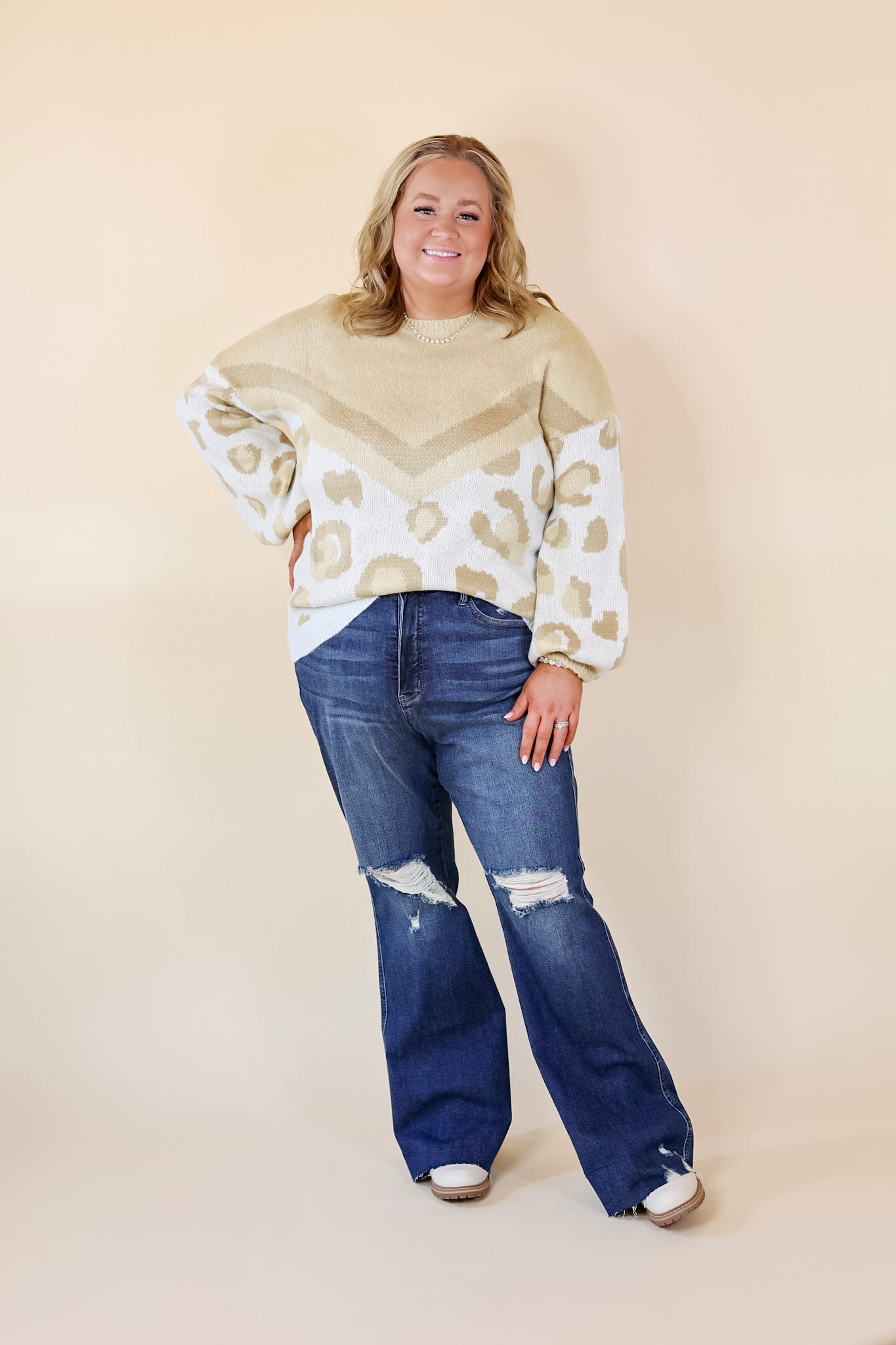 Thankful Thoughts Leopard Print and Chevron Print Block Sweater in Beige - Giddy Up Glamour Boutique