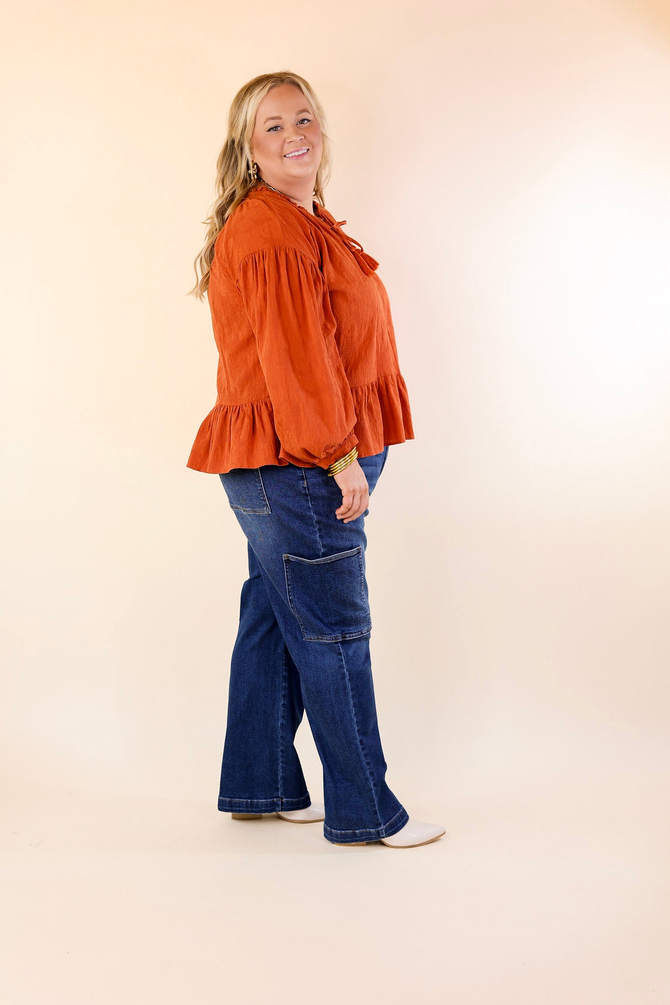 Free Fallin' Textured Long Sleeve Peplum Top with Keyhole Front in Orange