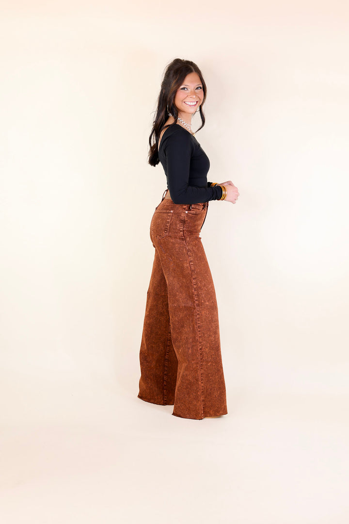 Judy Blue | Harvest Hues Garment Dyed Wide Leg Jean with Raw Hem in Pumpkin Spice Brown