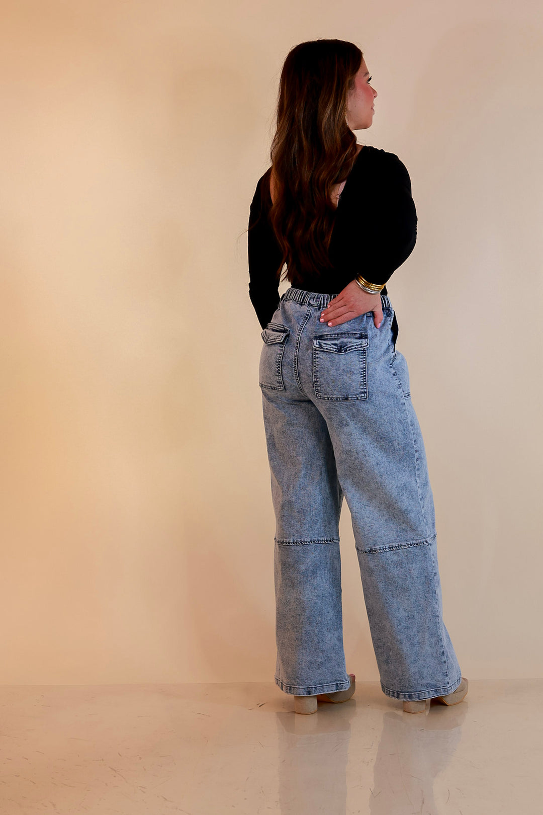 Simply Southern | Right This Way Wide Leg Drawstring Denim Utility Jeans in Acid Wash