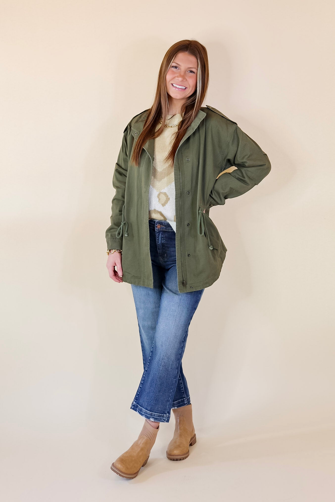 Anything is Possible Button and Zip Up Utility Jacket in Olive Green - Giddy Up Glamour Boutique