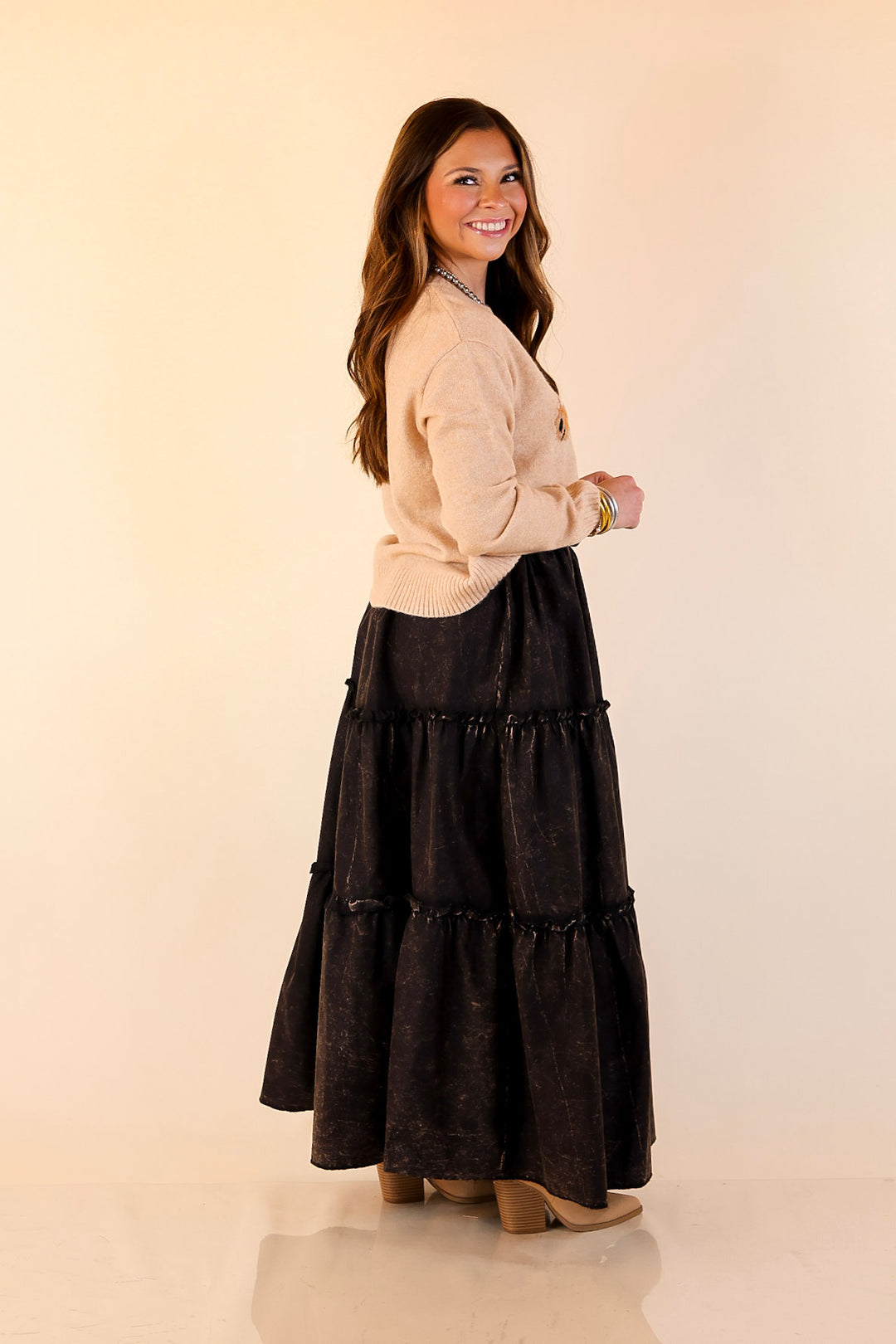 Boho Bliss Acid Wash Tiered Ruffle Maxi Skirt in Ash Black
