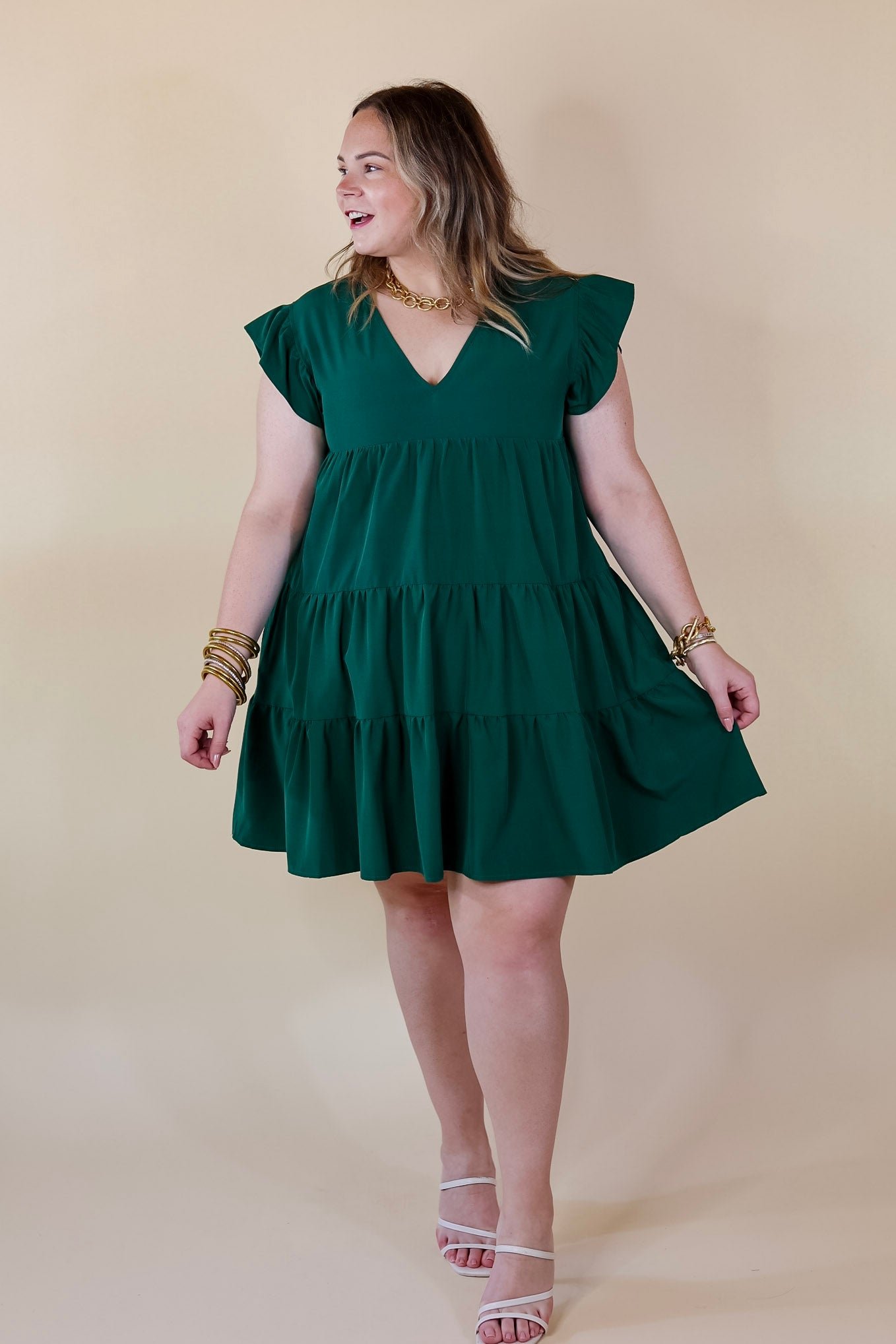 Delightful Endeavor Ruffle Cap Sleeve Tiered Dress in Hunter Green - Giddy Up Glamour Boutique