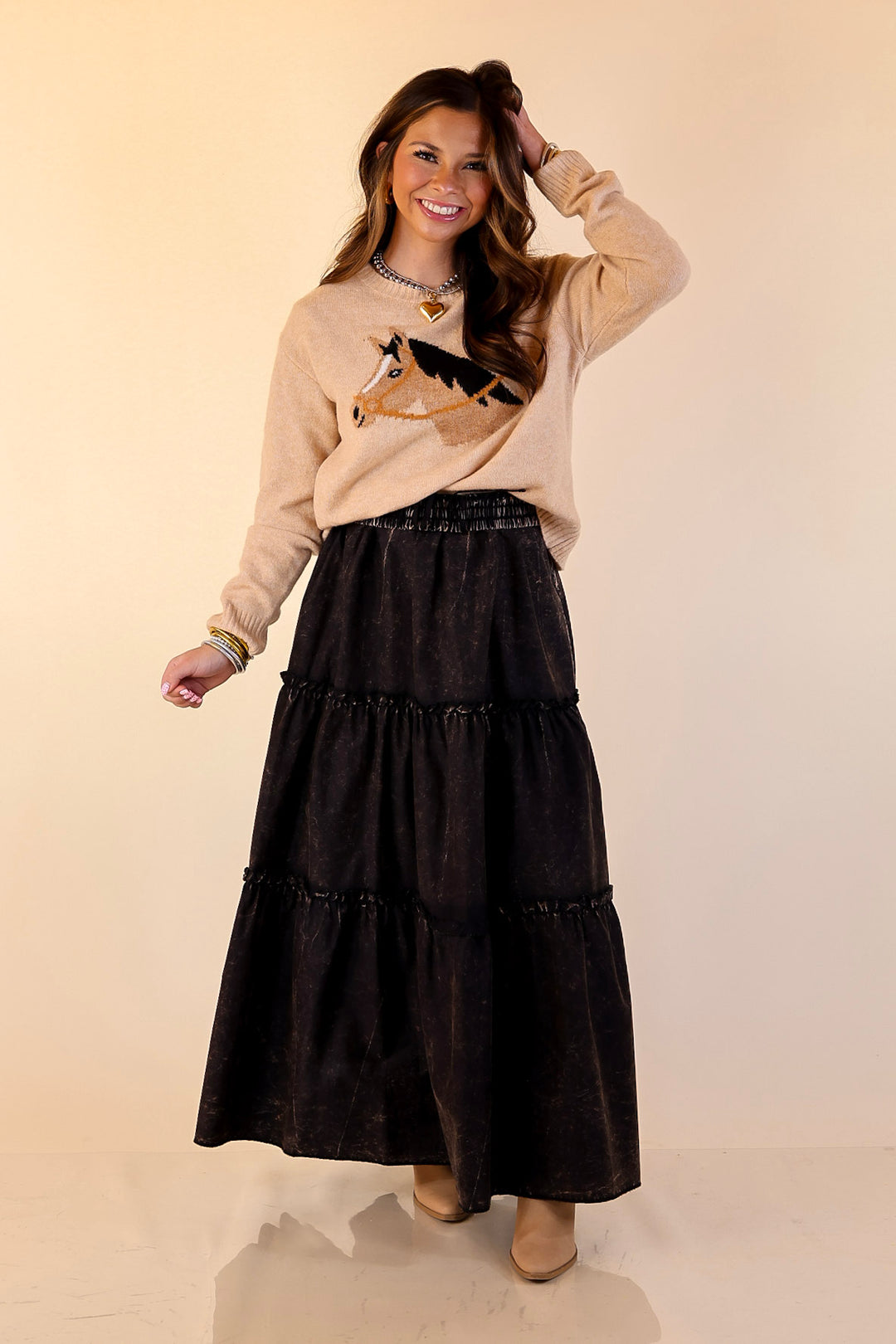 Simply Southern | Finest Touch Crewneck Sweater with Horse in Brown