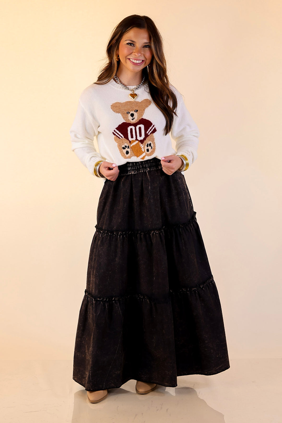 Simply Southern | Finest Touch Crewneck Sweater with Football Teddy Bear Graphic in Cream