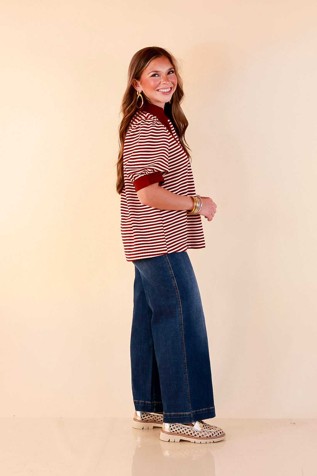 Confidently Yours Short Sleeve Contrast Trim Striped Top in Maroon and Cream
