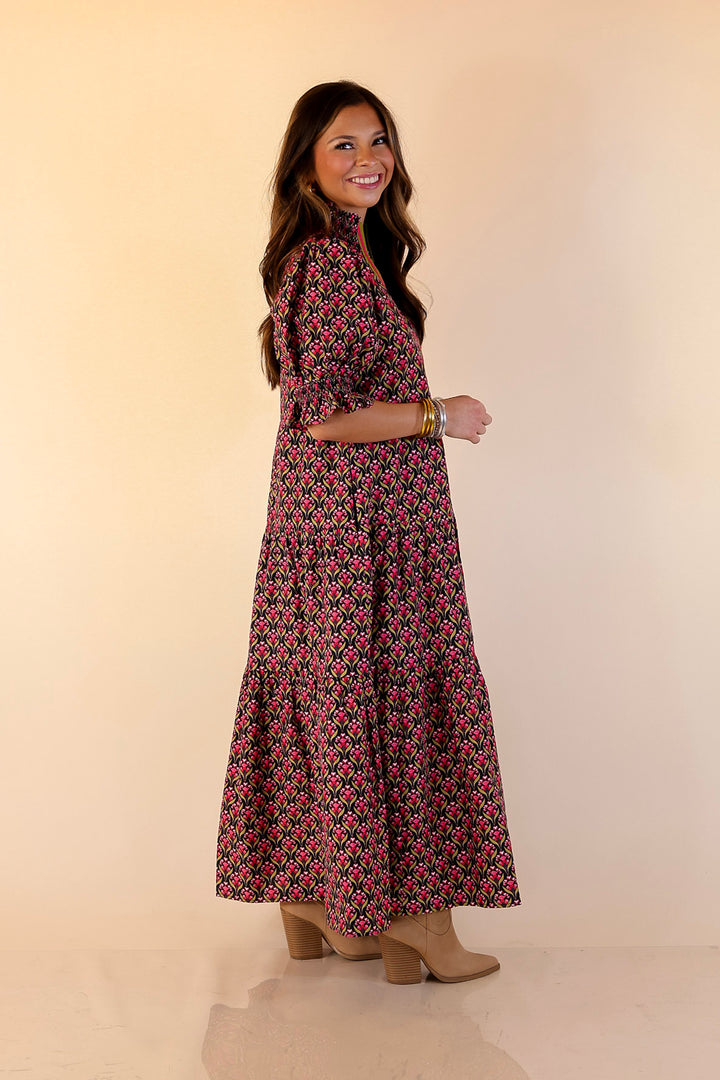 Vibrant Vision Floral Print Maxi Dress with Puff Sleeves and Contrast Trim in Black