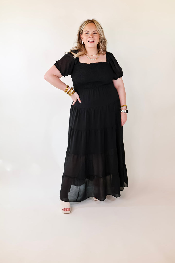 Honeysuckle Love Tiered Maxi Dress with Smocked Bodice in Black - Giddy Up Glamour Boutique