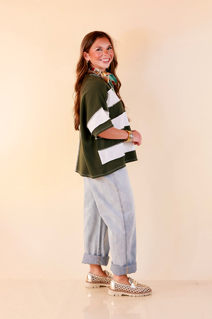Simply Styled Color Block Rugby Style Relaxed Short Sleeve Top in Olive Green