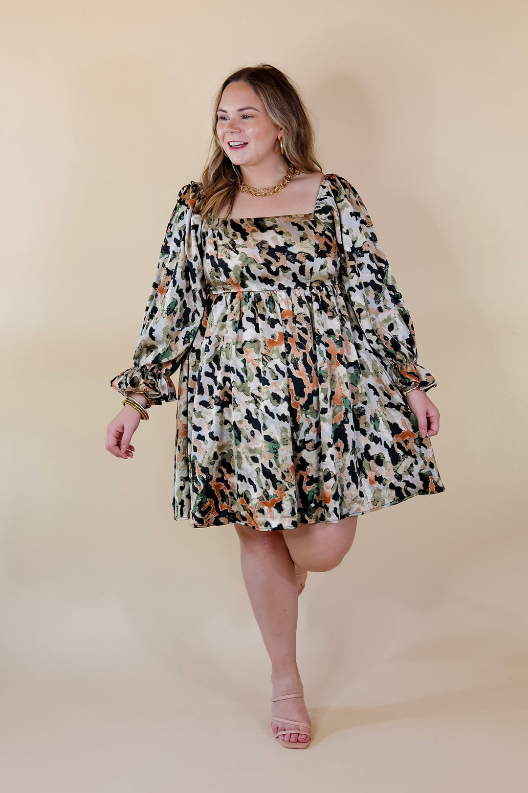 Feeling Fine Satin Watercolor Print Dress with 3/4 Sleeves in Olive Mix - Giddy Up Glamour Boutique