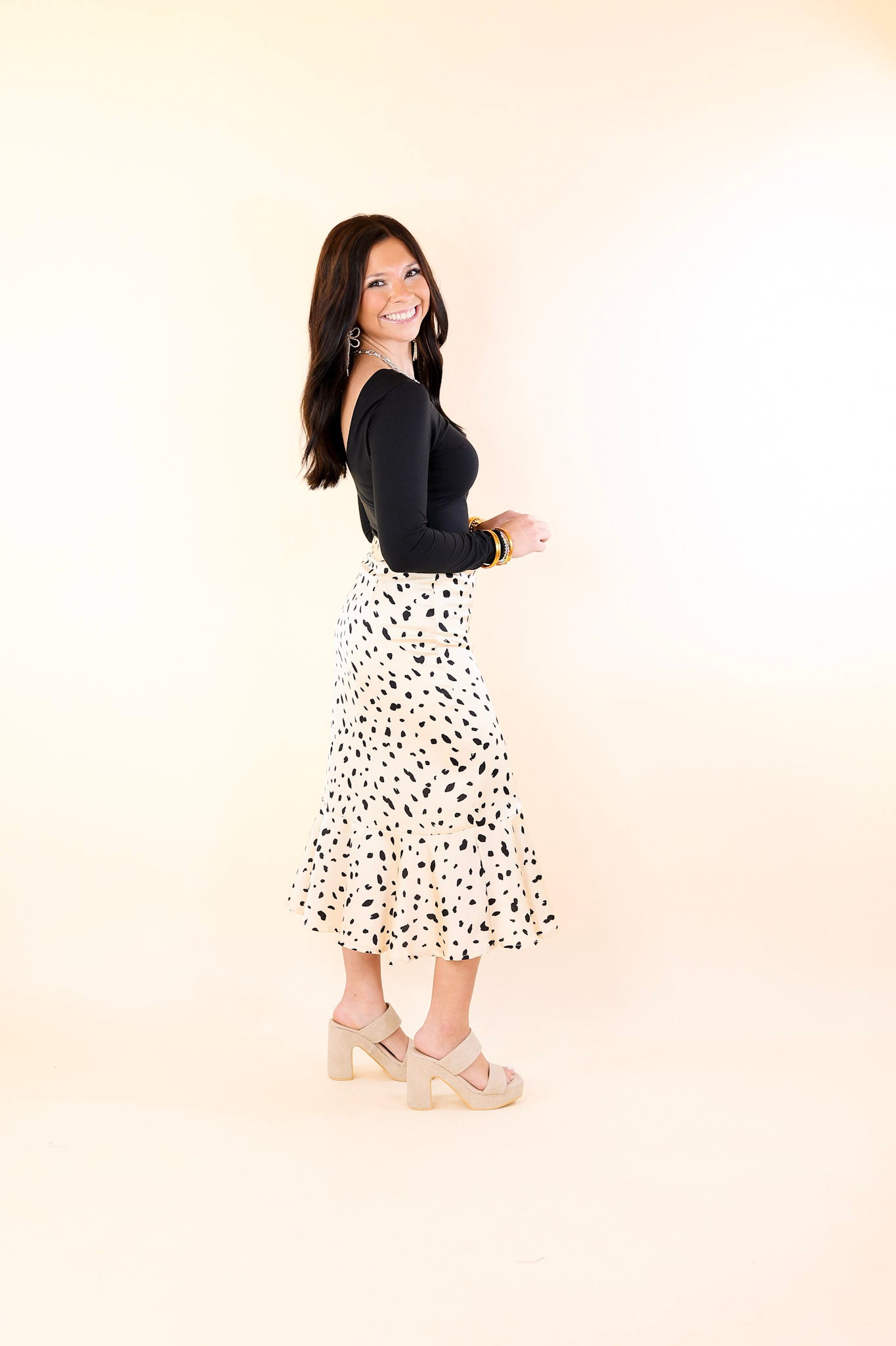 Lovely in L.A. Black Dotted Ruffle Wrap Midi Skirt in Beige