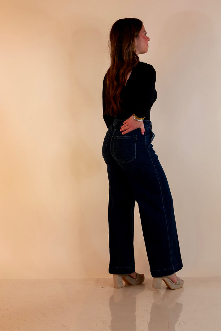 Judy Blue | Chic in Motion Ankle Length Cropped Wide Leg Trouser Denim Jeans in Dark Wash