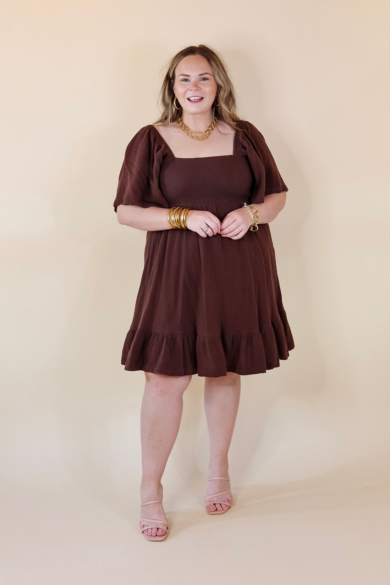 Sugary Sweet Smocked Bodice Dress with Ruffle Hem in Brown