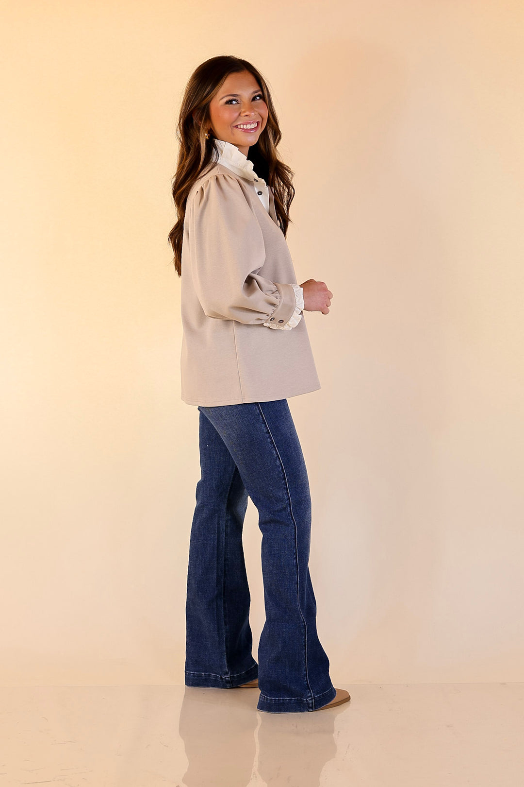 Refined Edge Puff 3/4 Sleeve Top with Collar Detailing in Sand