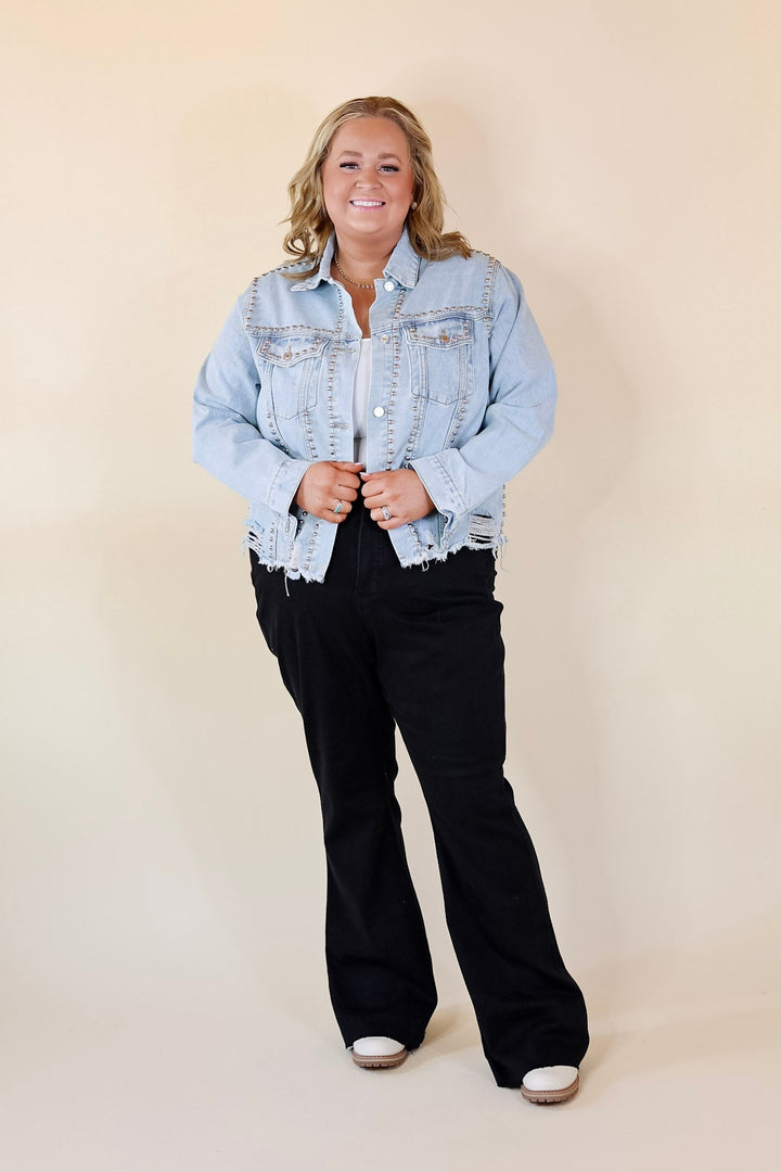 Instantly Impressed Cropped Denim Jacket with Silver Studs in Light Wash - Giddy Up Glamour Boutique