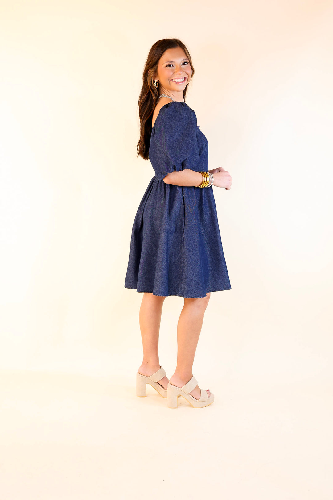 Southern Belle Short Puff Sleeve Denim Dress with Scalloped Square Neckline in Dark Wash