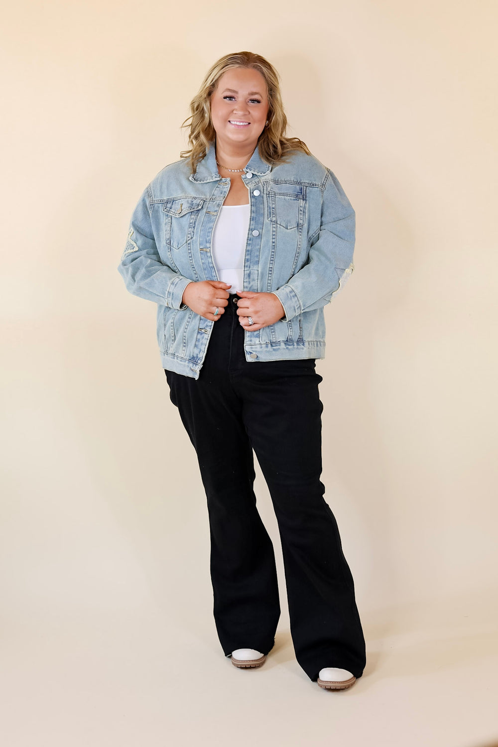 Cosmic Cowgirl Oversized Denim Jacket with Star Patches in Light Wash - Giddy Up Glamour Boutique