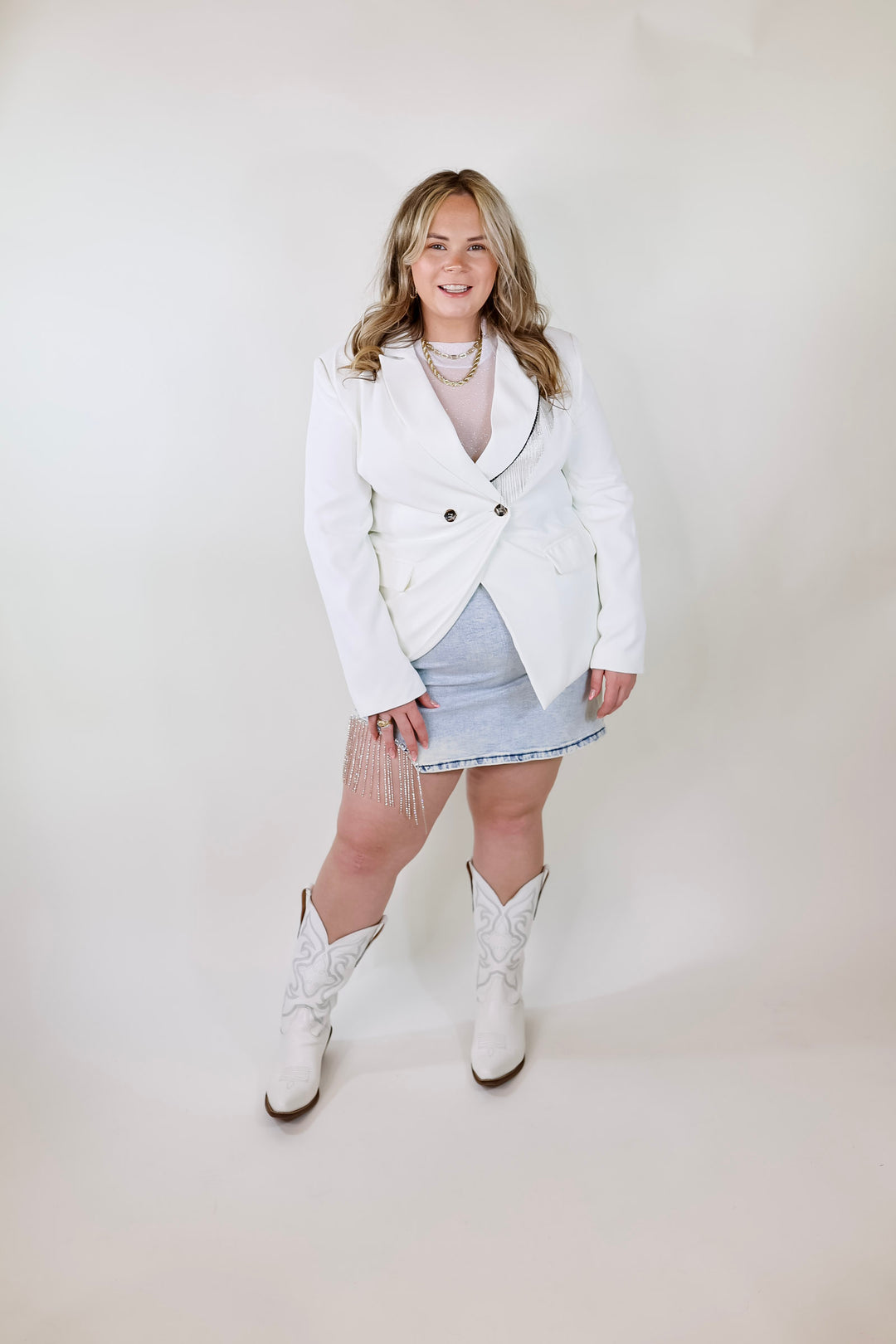 Classic Reimagined Blazer with Silver Fringe in White - Giddy Up Glamour Boutique
