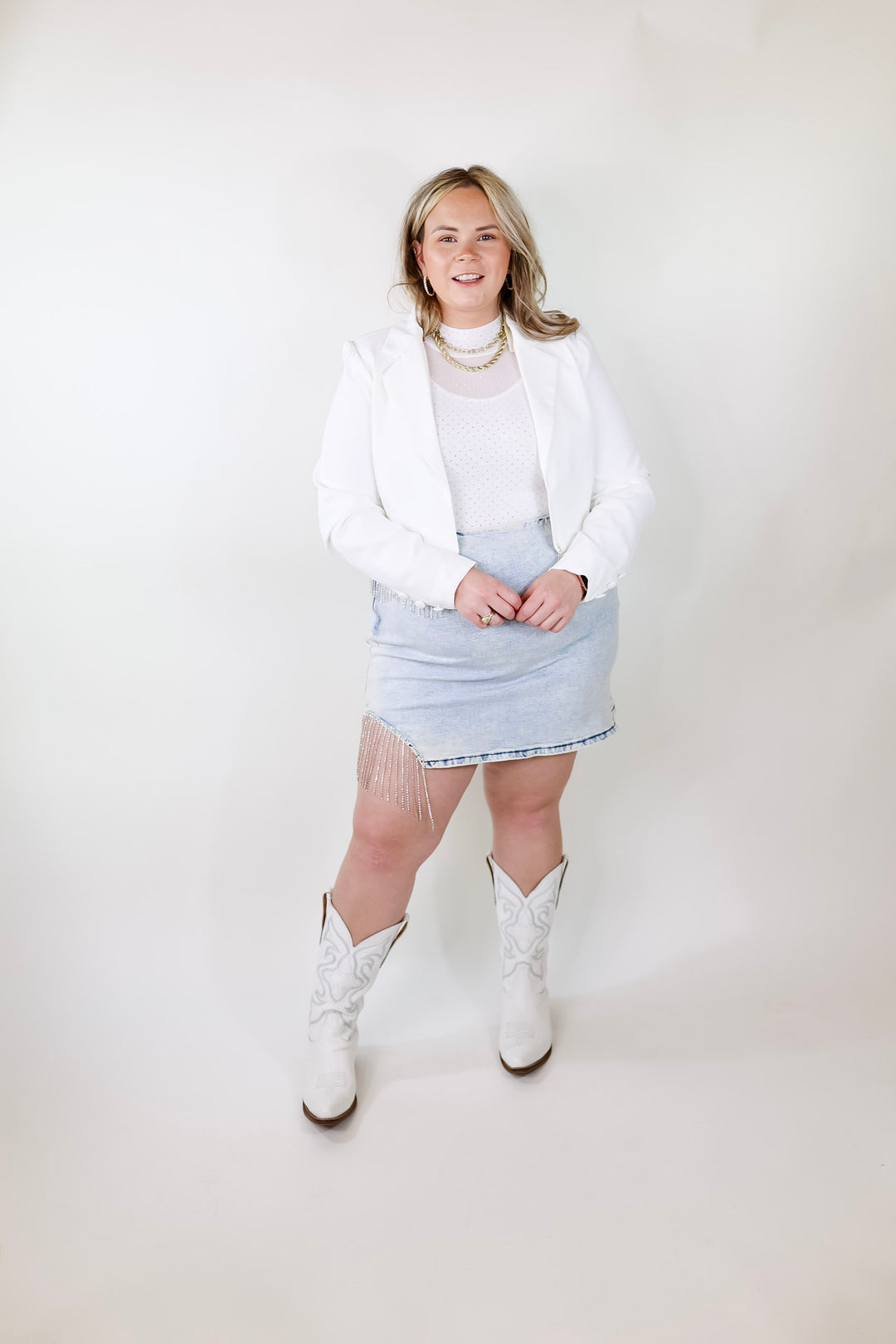Time For Magic Cropped Blazer with Crystal Fringe Trim in White - Giddy Up Glamour Boutique