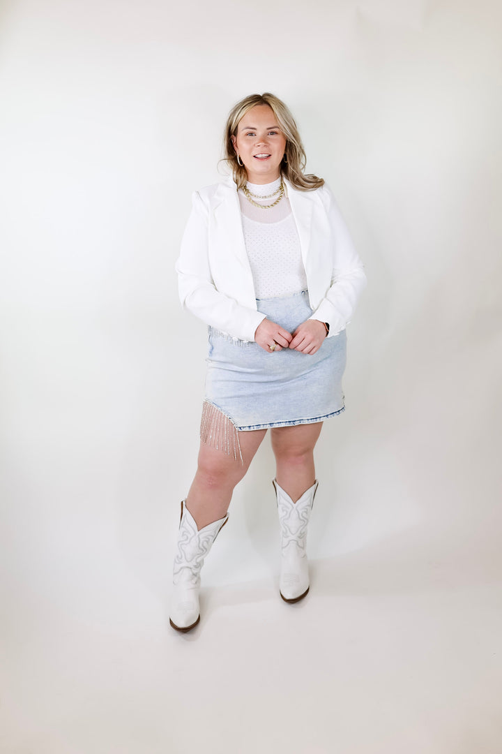 Time For Magic Cropped Blazer with Crystal Fringe Trim in White - Giddy Up Glamour Boutique