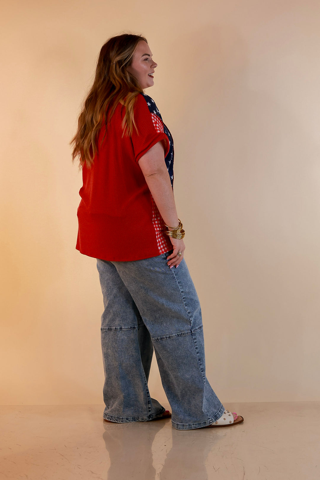 Make Your Mark Ribbed Scoop Neck Mixed Print Short Sleeve Top with Star and Gingham Detailing in Red