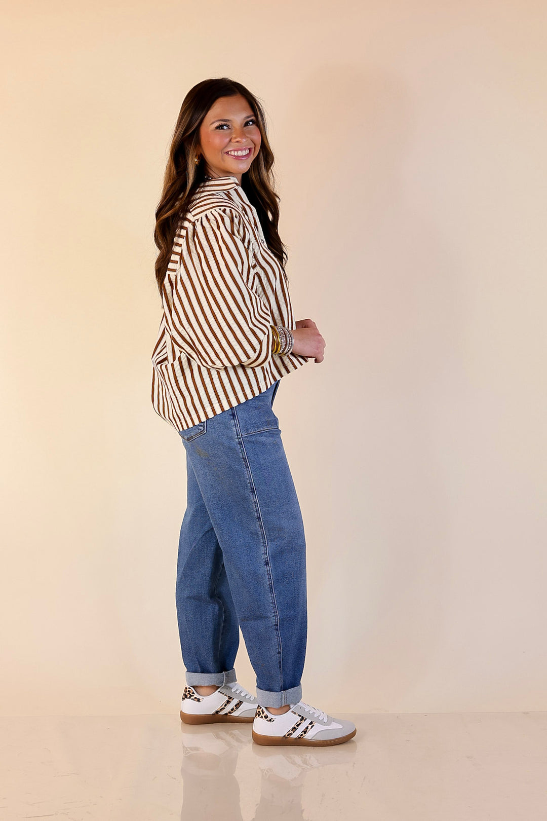 The Bold Type Striped Long Sleeve Button-Up Top in White with Chocolate Brown Stripes