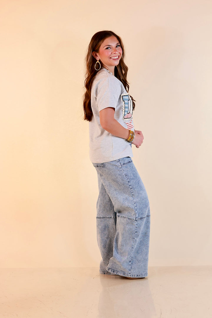Simply Southern | All American Charm Lace Trim USA Patchwork Split Hem Graphic Tee in Heather Grey