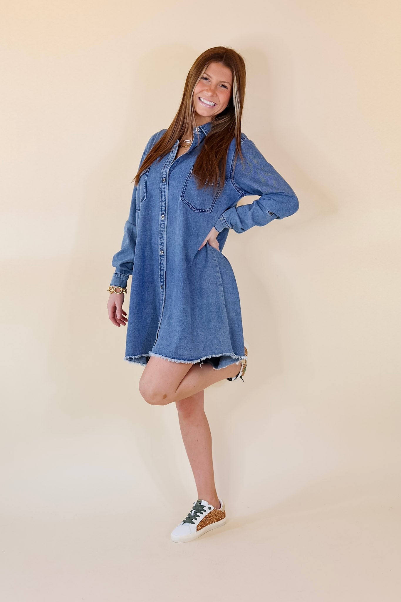 Patio Date Button Up Long Sleeve Denim Dress in Medium Wash - Giddy Up Glamour Boutique