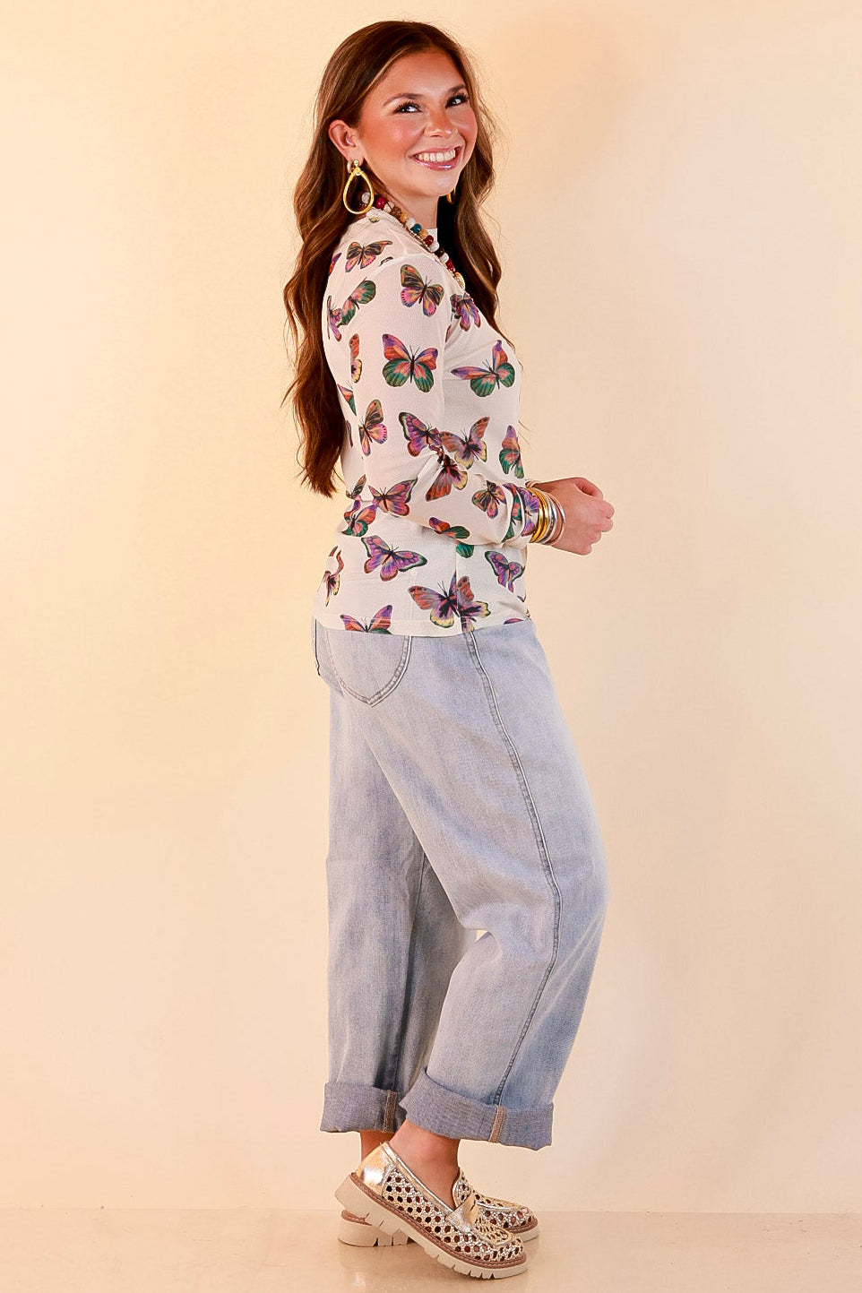 The Perfect Layer Butterfly Print Sheer Mesh Long Sleeve Top in Cream and Gemstone Colors