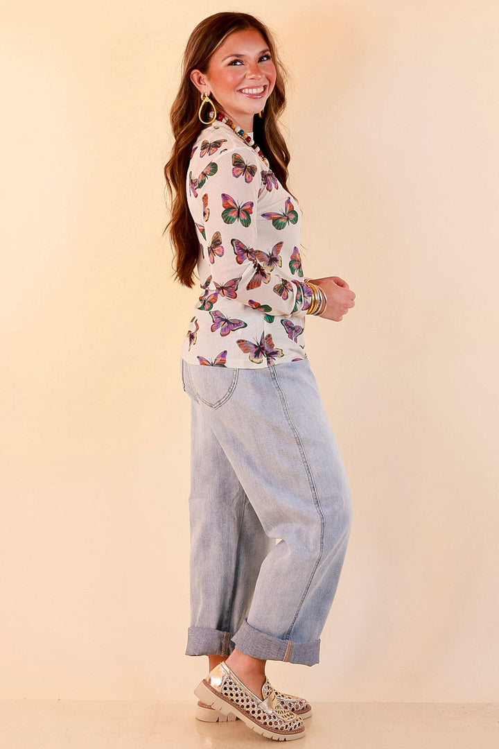 The Perfect Layer Butterfly Print Sheer Mesh Long Sleeve Top in Cream and Gemstone Colors