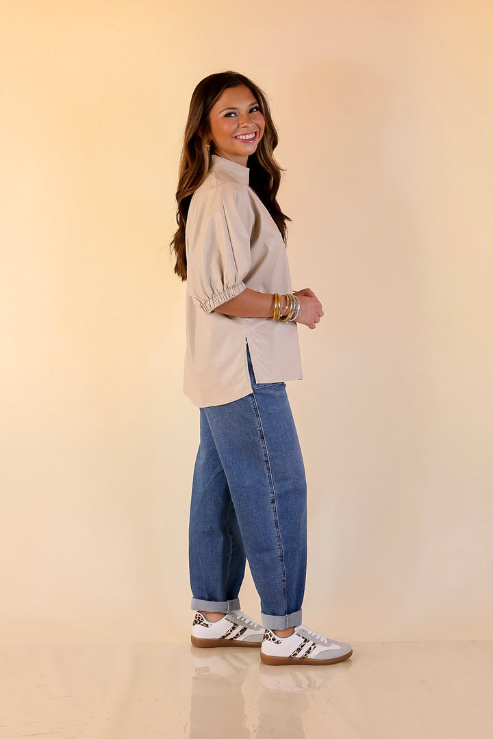 Effortlessly Cool Faux Leather Top with Short Balloon Sleeves in Ivory