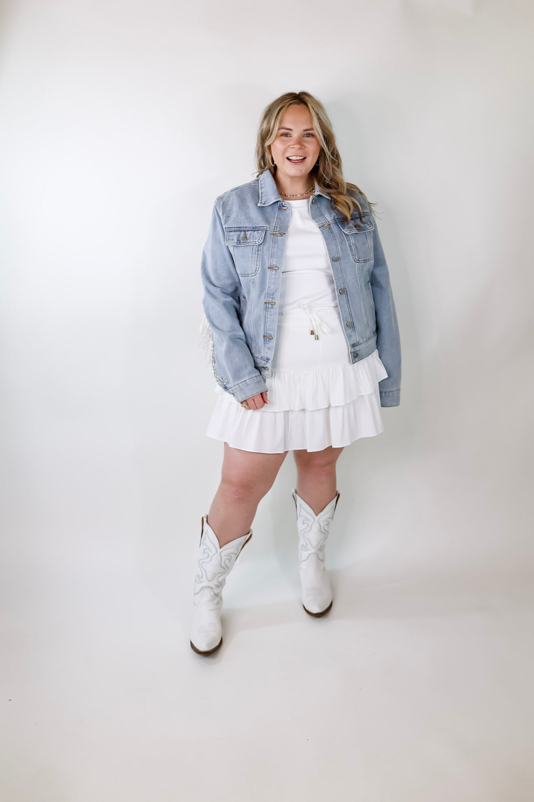 Like a Diamond Crystal Fringe Button Up Denim Jacket in Light Wash - Giddy Up Glamour Boutique