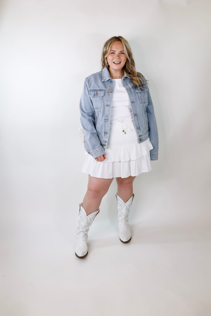 Like a Diamond Crystal Fringe Button Up Denim Jacket in Light Wash - Giddy Up Glamour Boutique