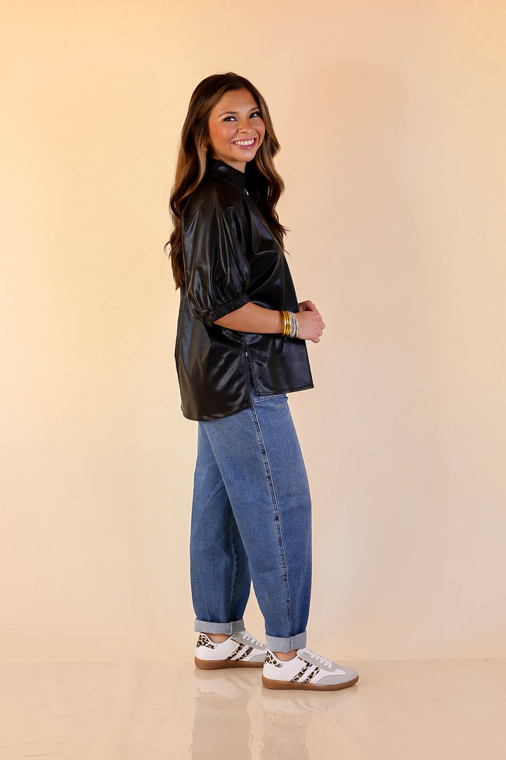 Effortlessly Cool Faux Leather Top with Short Balloon Sleeves in Black