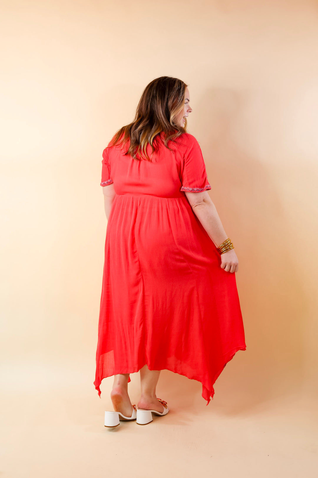 Just For You Embroidered Maxi Dress with Tassel Tie Neck in Coral - Giddy Up Glamour Boutique