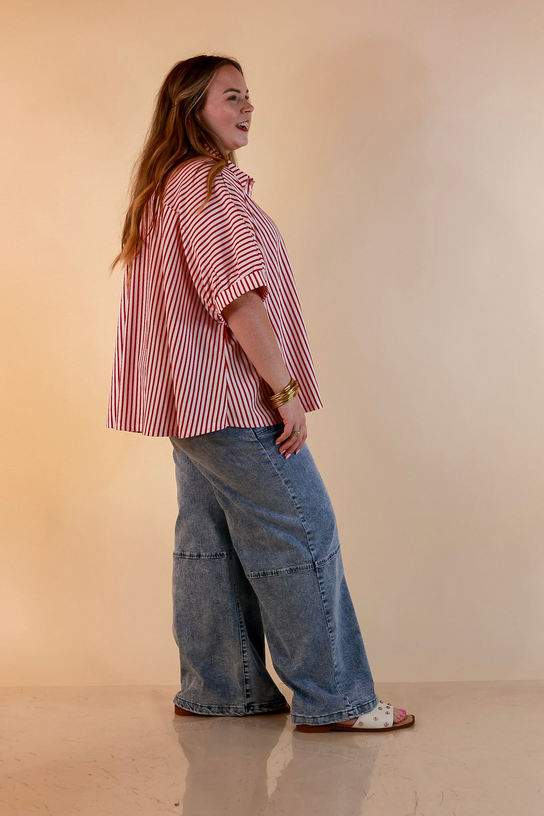Effortlessly Aligned Button Down Collared Top with Vertical Ivory Stripe Detail in Red