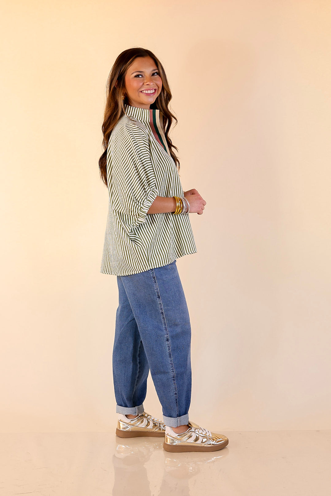 Naturally Stylish Striped Poncho Top in Olive Green