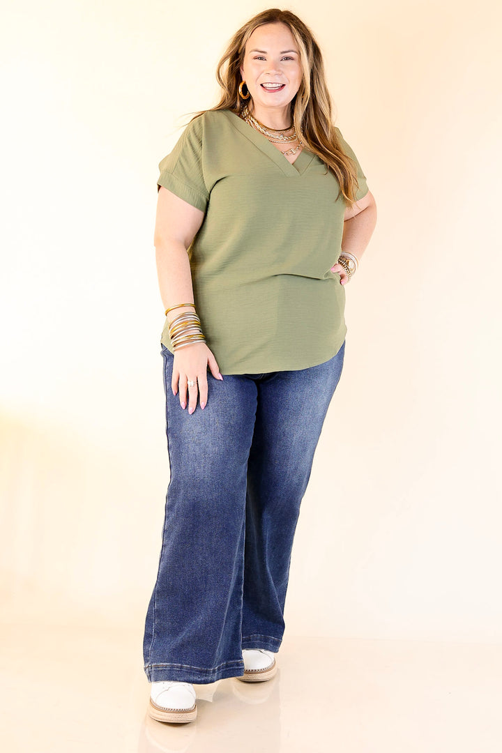 Cause To Celebrate V Neck Short Sleeve Top in Olive Green