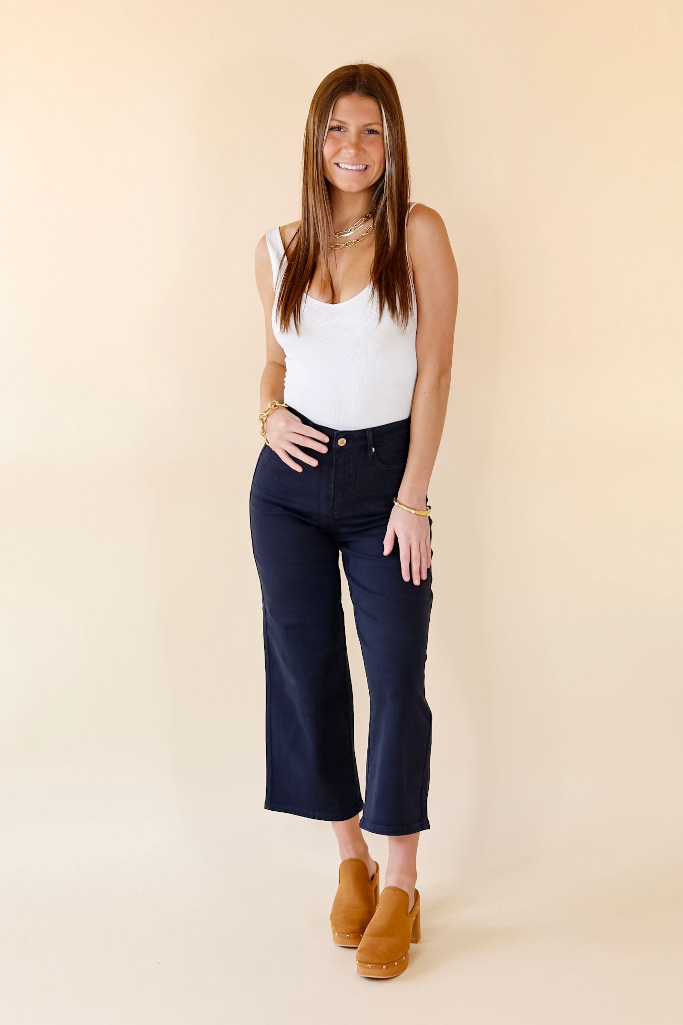 Judy Blue | Don't Break My Heart Tummy Control Cropped Jeans in Navy Blue - Giddy Up Glamour Boutique