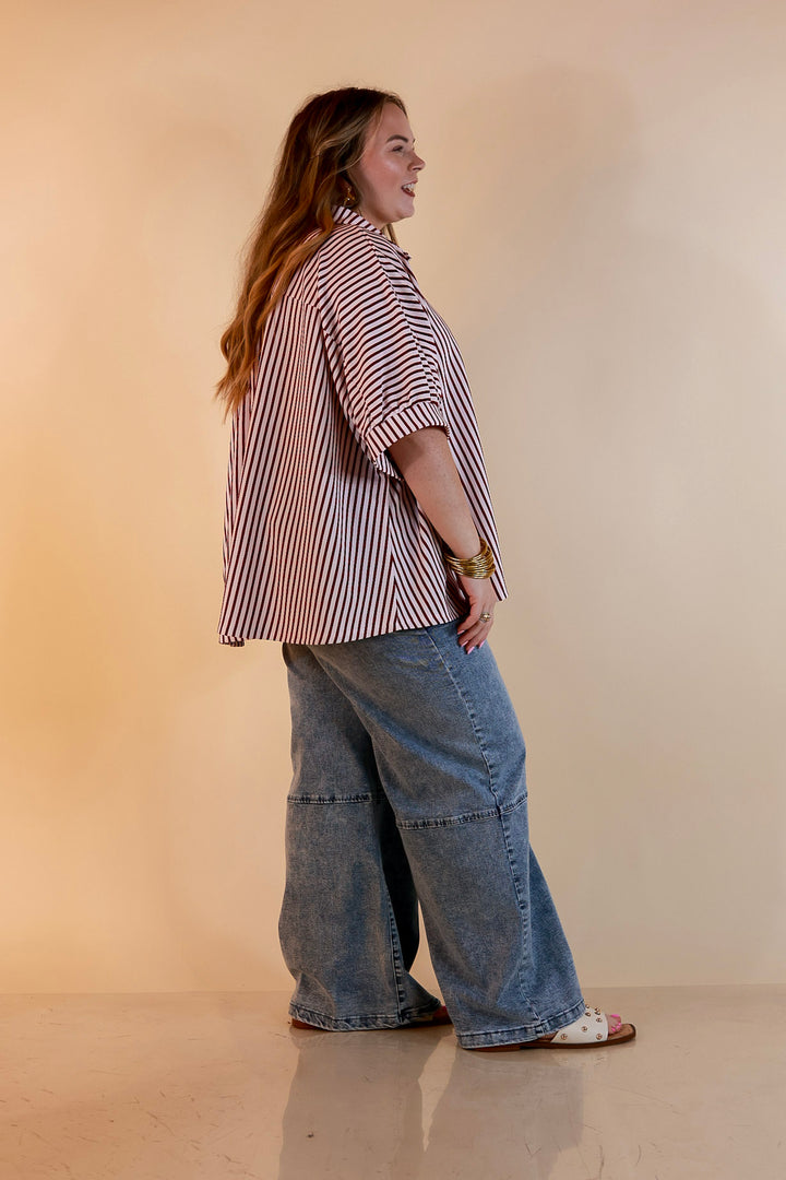 Effortlessly Aligned Button Down Collared Top with Vertical Ivory Stripe Detail in Maroon