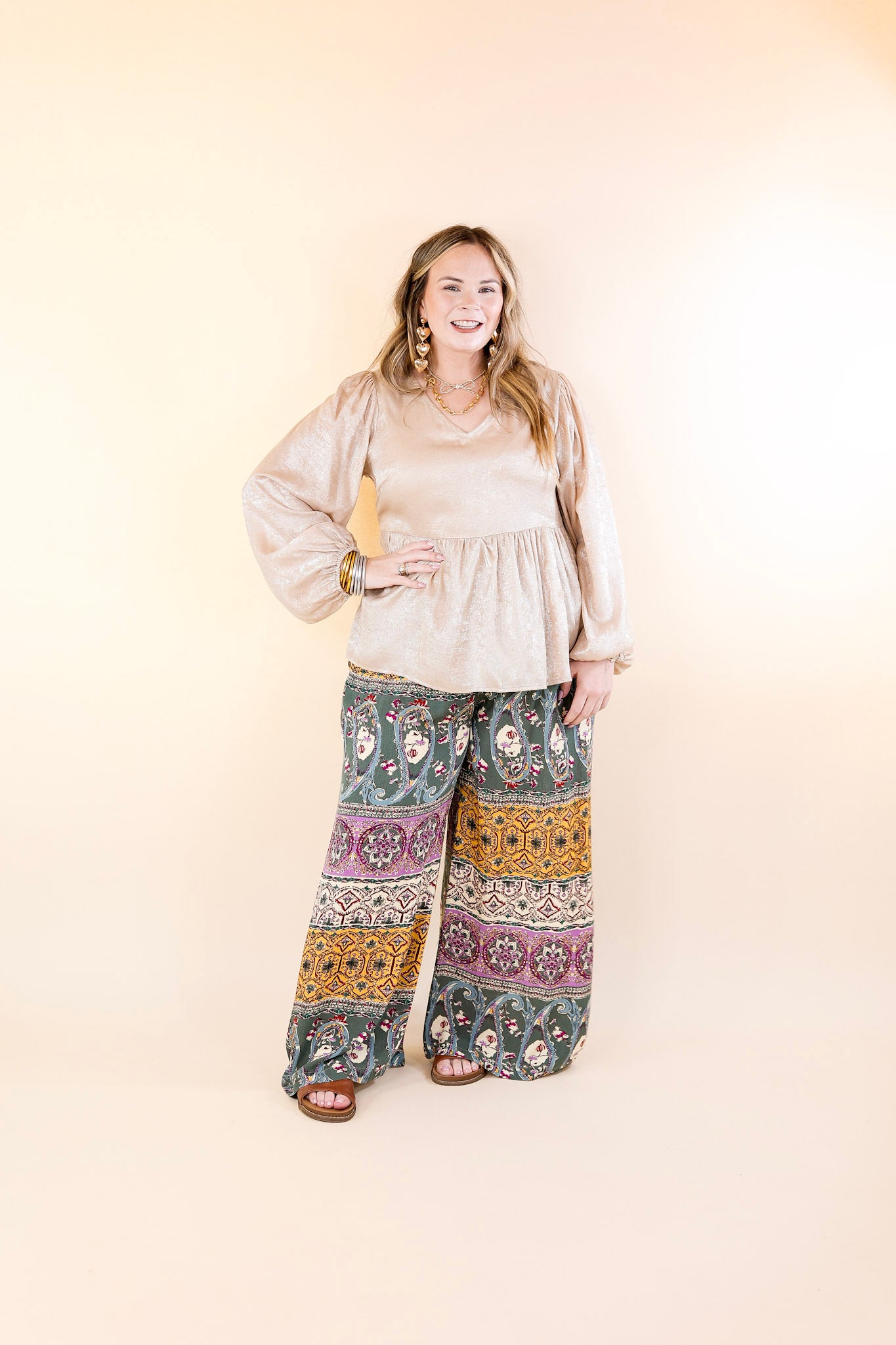 Slight Change Elastic Waist Floral Print Wide Leg Palazzo Pants in Green Mix